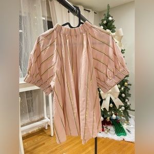 Ann Taylor Elegant Blush Pink Pleated Blouse with Gold Stripe Accents